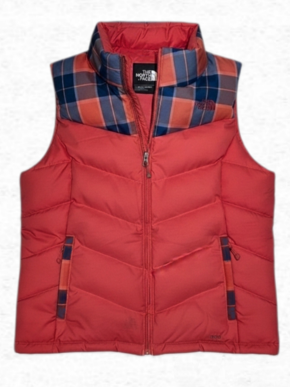 North Face Retro Plaid Vest Large Coral Red Orange Blue Down Puffer Womens Large